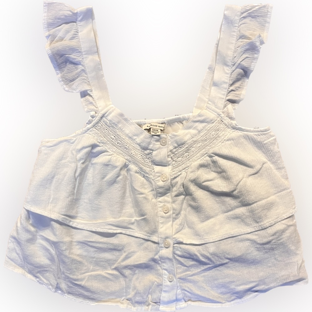 AEO Linen Fabric Layered Flowy Cropped Top with functional front buttons.